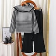 thumbnail image 4 of Owordtank Girls Trendy Casual Sweatsuit: 2-Piece Striped Print Collar Pullover Sweatshirt & Flare Pants, Fall Winter School & Play Outfit, 4 of 5