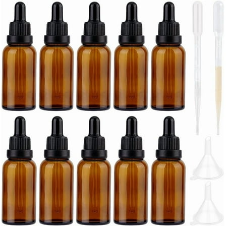 10 Pack Glass Dropper Bottle 10 ml (1/3 oz) Essential Oil Dropper Bottle Brown Dropper Bottle Refillable Tincture Bottles with 2 Funnels 2 Pipettes