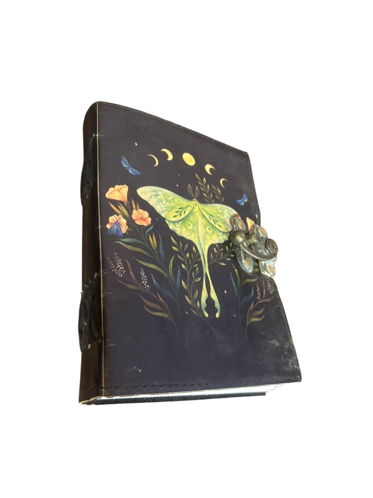 Handmade Leather Journal with Lock – Butterfly & Moon Design Vintage Notebook, White Drawing Pages, 5x7 Inch Diary