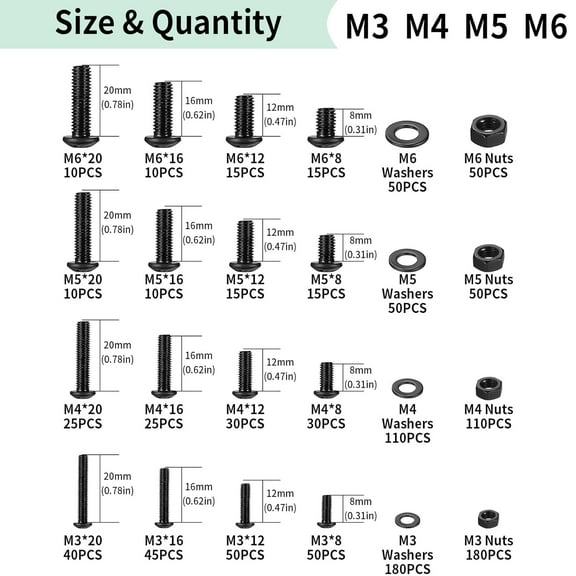 GHRTGR-1170 Pcs M3 m4 m5 m6 Metric Bolts and Nuts Assortment, Assorted Hex Socket Button Head Cap Screws and Nuts and Washers Kit, Machine Screw Assortment Kit, Black Hex Nuts and Bolts and Washers