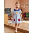 thumbnail image 4 of BemeyourBBs Toddler Baby Girls Back to School Dress Kids Kindergarten Outfits Baby Girl Summer Smocked Plaid Gingham Dress Puff Short Sleeve Doll Collar Apple Letter Bow Embroidered Casual Dress, 4 of 9