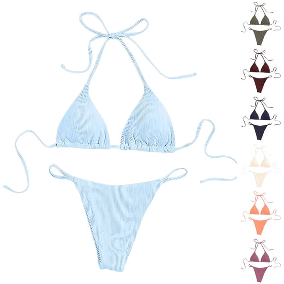 IYYVV Women's Bikini Set Halter Top Side Tie Bottom Swimsuit Cute Solid Color Two Piece Bathing Suit Gray XL