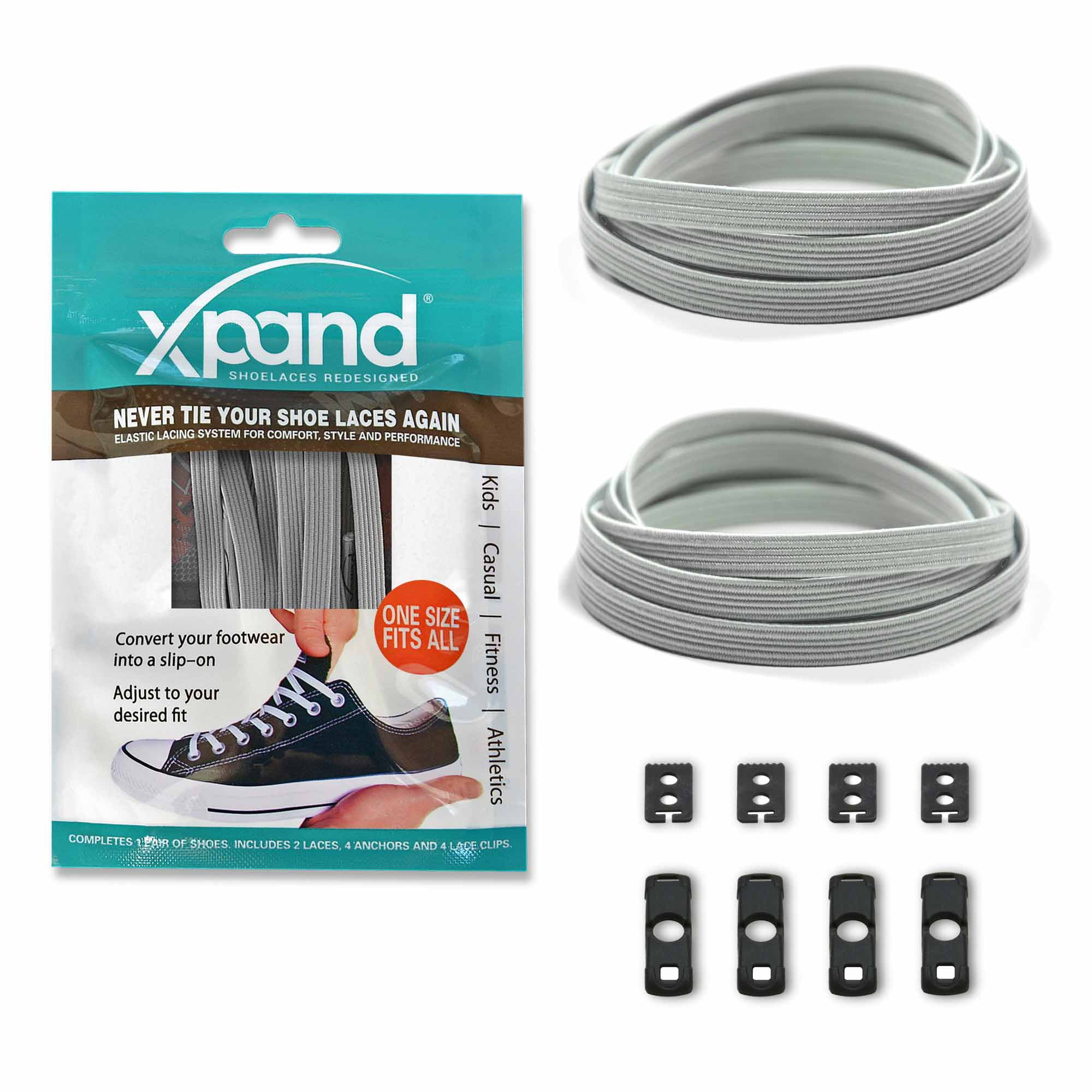 Xpand No Tie Shoelaces System Elastic Laces One Size Fits All Adult Kids Shoes 