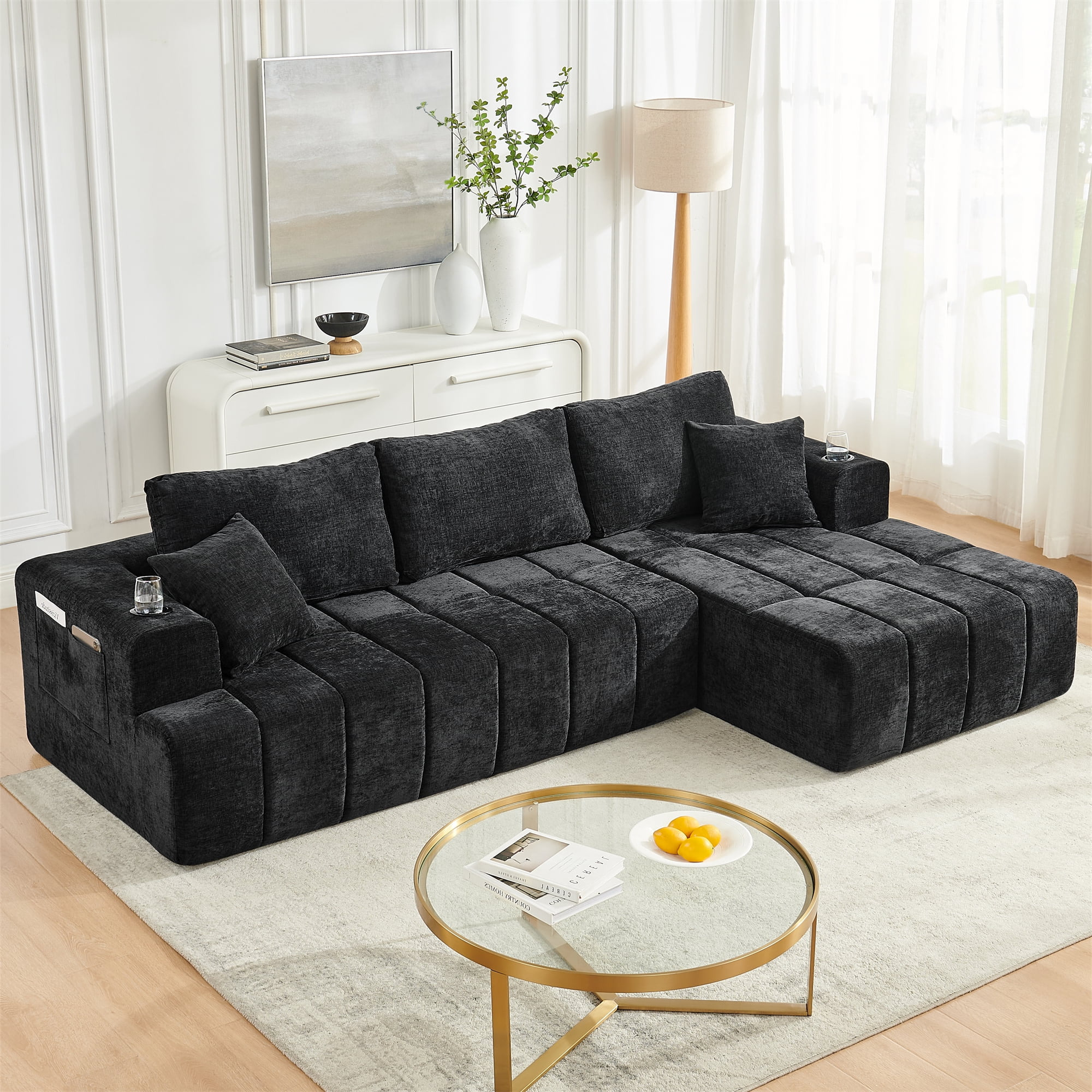Aukfa 108" Cloud Sectional Sofa, Deep Seat Modular L-Shape Boneless Couch with 2 Cup Holders & Side Pockets, Right Chaise, Chenille, Black