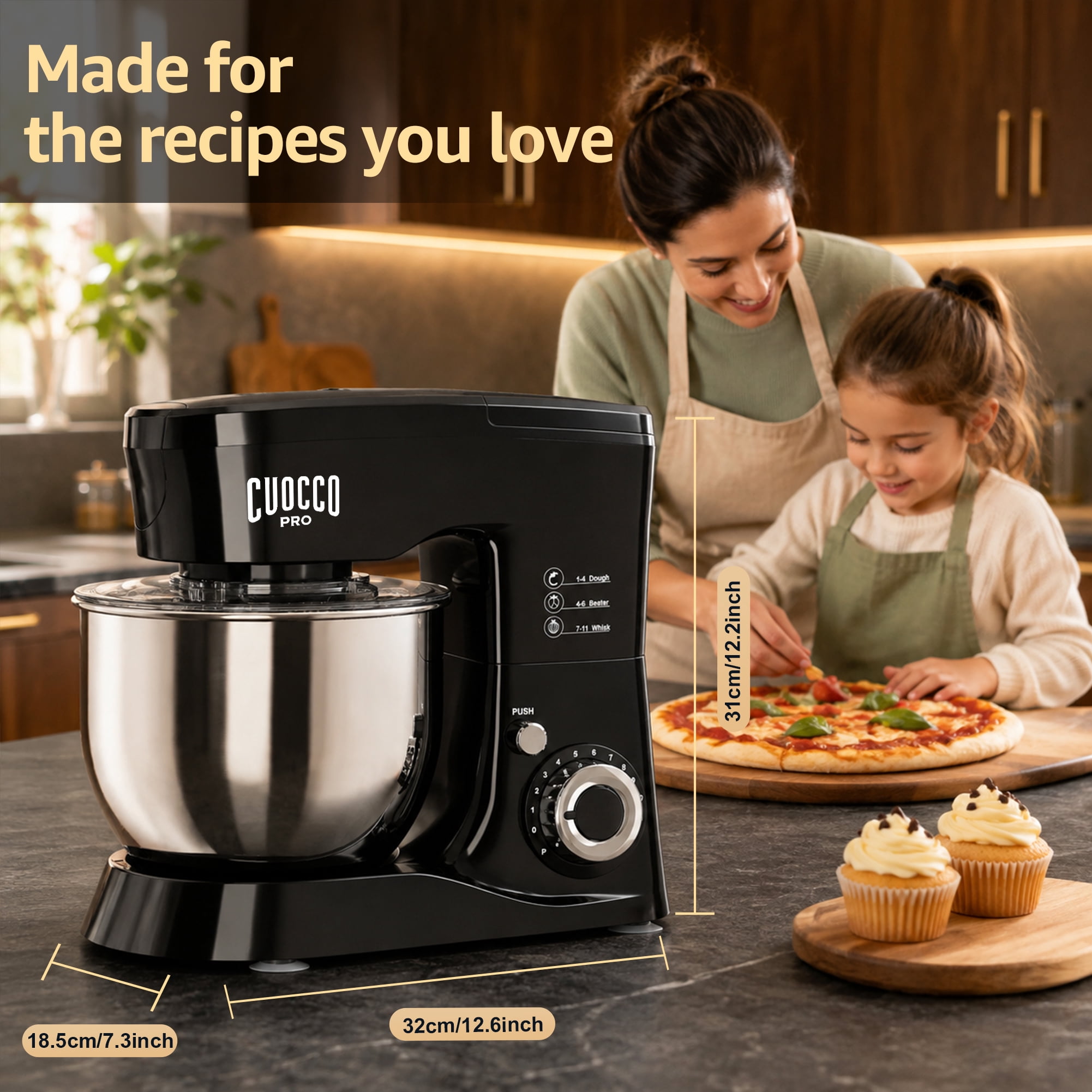 CUOCCO PRO 5.5 Qt Stand Mixer, Mixers for Kitchen, Handles Up to 800g/1.76 lb Dry Flour, 1000W Peak, 11 Speeds + Pulse, Dough Hook, Beater & Whisk for Bread & Pizza, Cake & Cookies