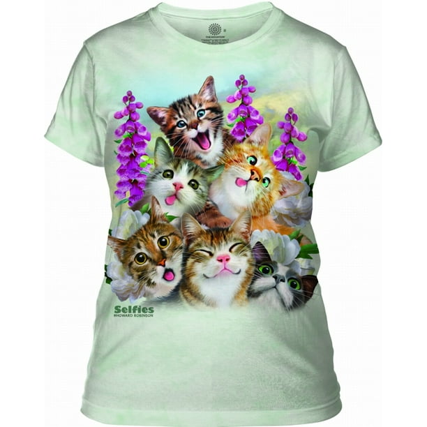 The Mountain - KITTEN SELFIE Medium Cotton Cats Slightly Scooped T-Shirt Green Adult Women's
