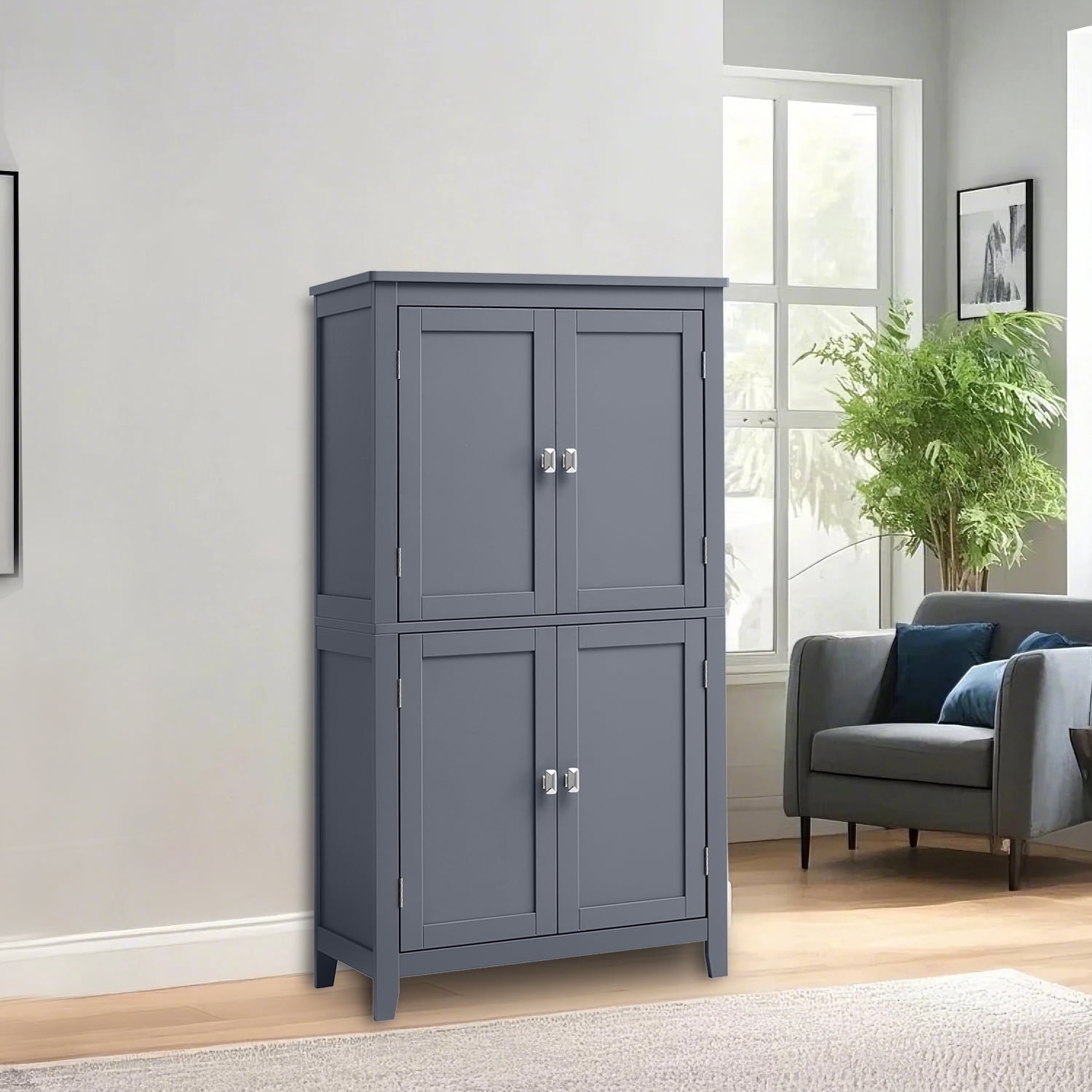 LEDREM Bathroom Storage Floor Cabinet Organizer with 4 Doors & Adjustable Shelves, 43" Wooden Pantry Cabinet Freestanding for Kitchen Living Room Small Spaces, Slate Gray