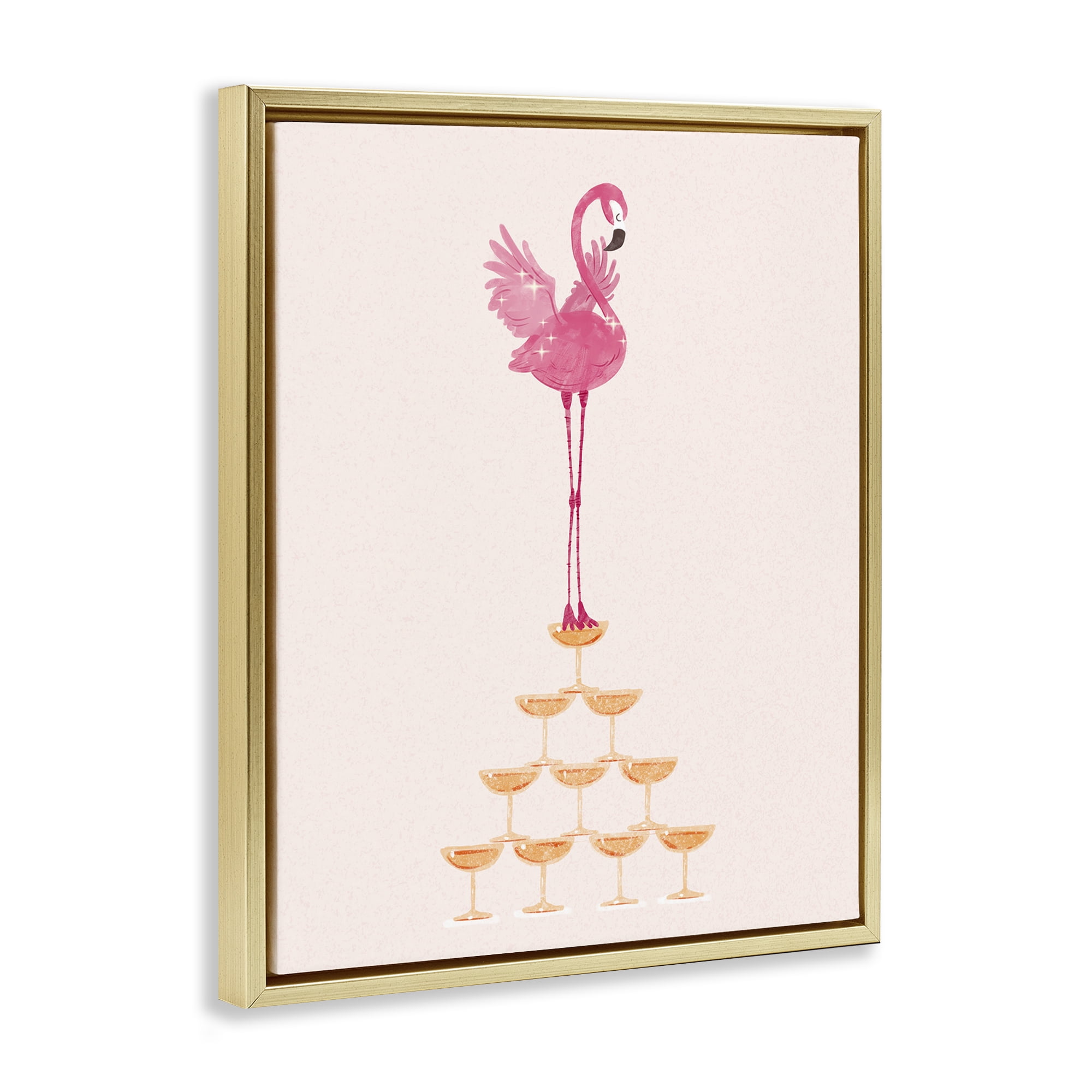 Stupell Industries Balancing Flamingo & Wine Novelty Painting Gold Floater Framed Art Print Wall Art, 25 x 31