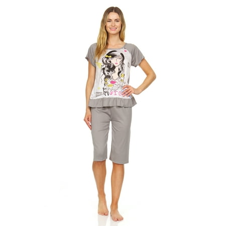 

Lati Fashion Women Capri and Short Sleeve Top 2-Piece Female Pajamas Set Gray M