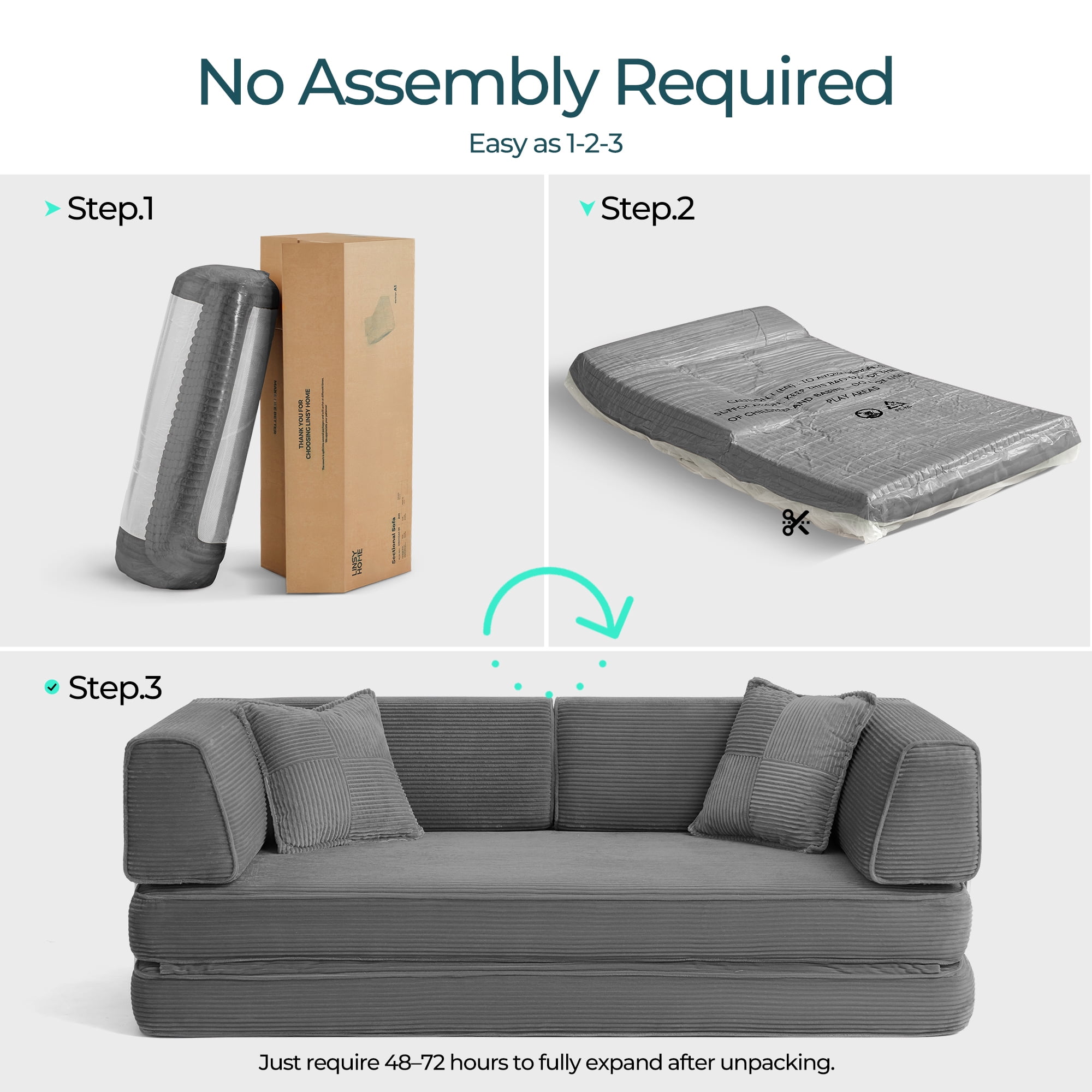Linsy Home Oversized Corduroy Futon Sofa Bed Couch, Convertible Boneless Cloud Couch Bed, King Size Sleeper Sofa Bed With Fixed-Shape Frame, No Assembly Required, Dark Grey
