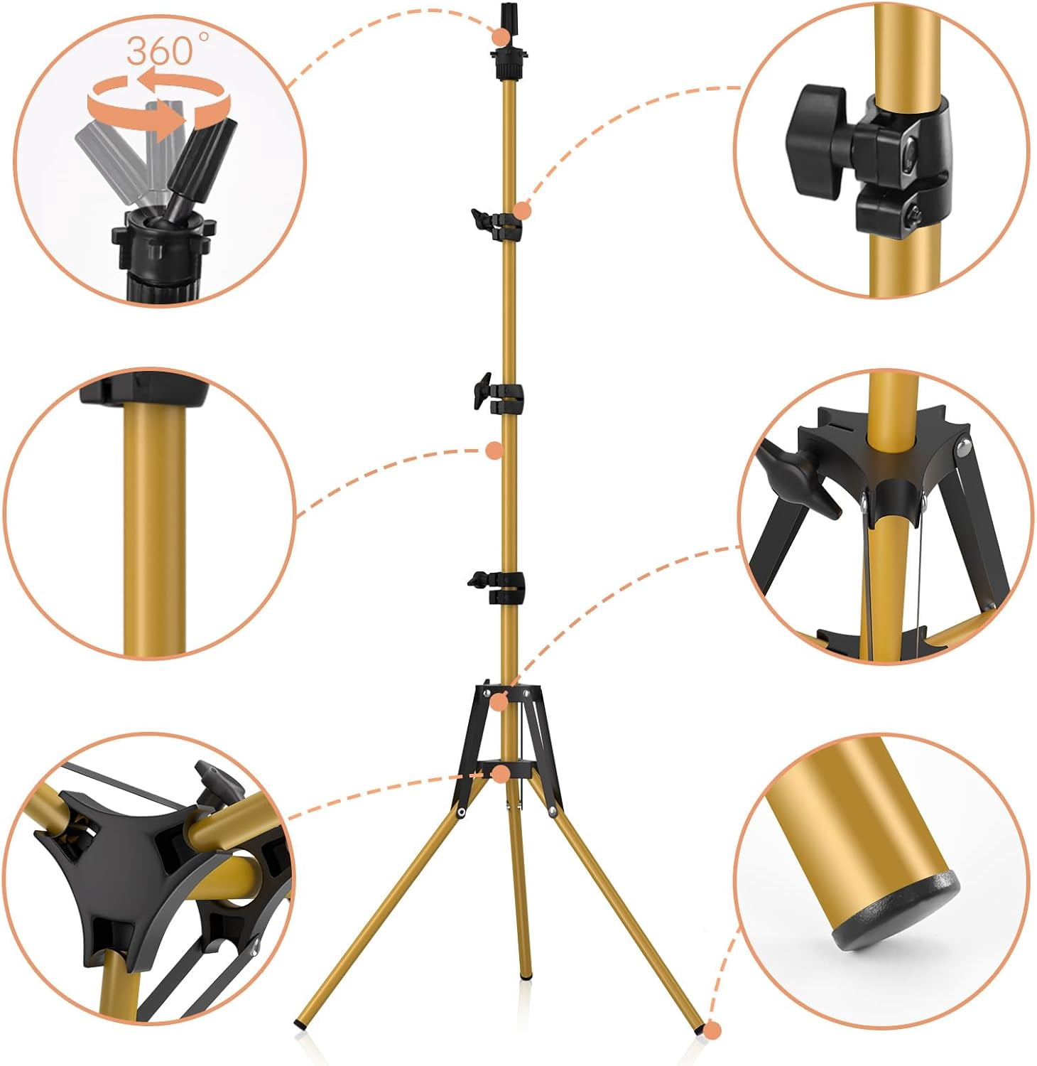 MetalM - Reinforced Mannequin Head Stand, Wig Stand Tripod, Adjustable Floor Holder, Manikin Stand for Cosmetology Hairdressing Training (Golden Metal)