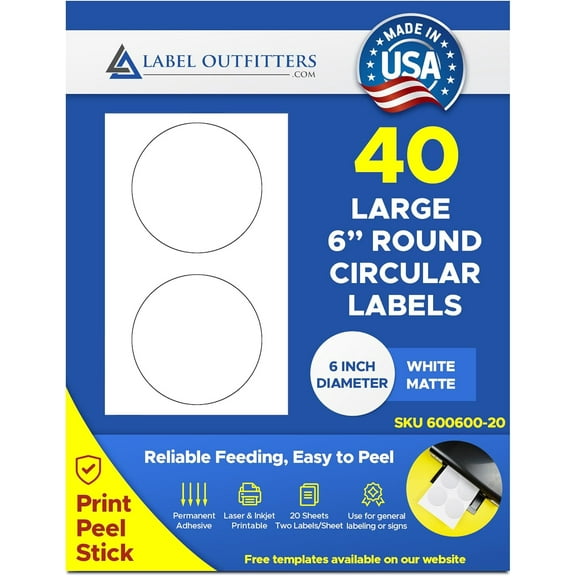 Large 6" Printable Round Circular White Labels by  6" Diameter on Legal Sheet - 20 - 40 Labels