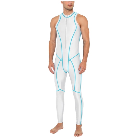 Eandarui Glossy Jumpsuit for Men Zipper Front Quick Drying Nylon Tight Active Base Layers Underwear Tracksuits White L