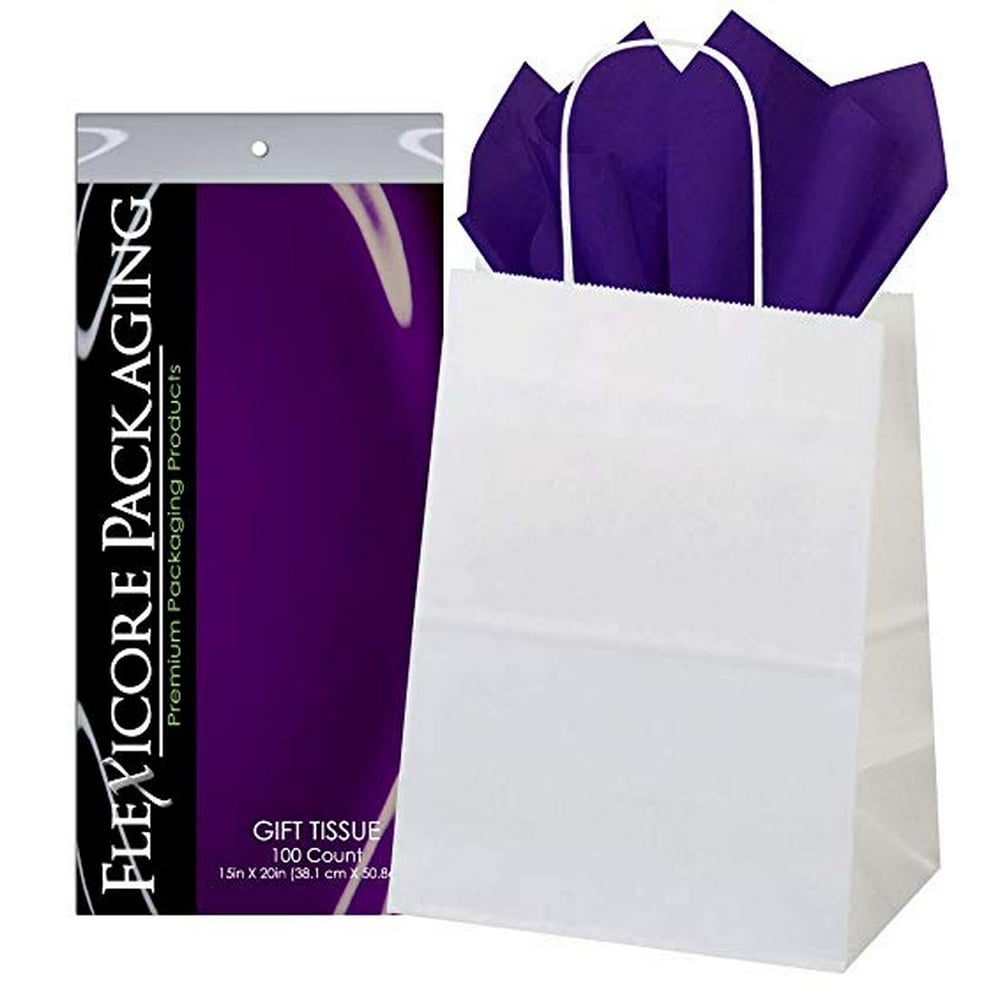 50ct White Paper Gift Bags + 100ct Purple Gift Tissue (Flexicore