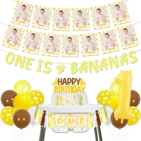 Banana 1st Birthday Decorations One Is Bananas Banner Newborn 1 To 12 Months Photo Twotti Fruity Birthday High Chair Banner Let's Go Bananas Cake Topper Latex Balloons for Kids 1st Birthday