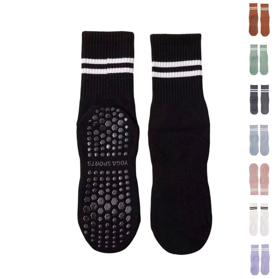Purcolt 1PC Non Slip Yoga Socks for Women Comfort Breathable Moisture Wicking Striped Mid Calf Crew Socks with Grippers for Pilates Barre and Home Workouts