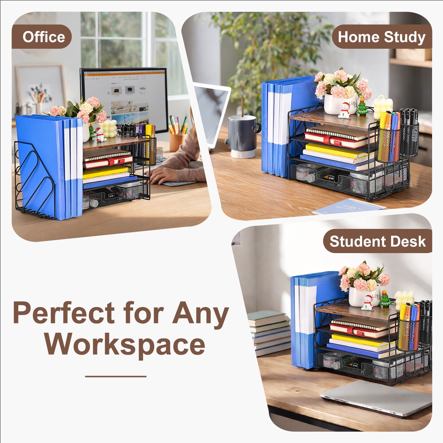 All-in-One Desktop Organizer Set, 4-Tier Desk Organizers Office Accessories with Drawer, File Holders and 2 Pen Holder for Office Supplies