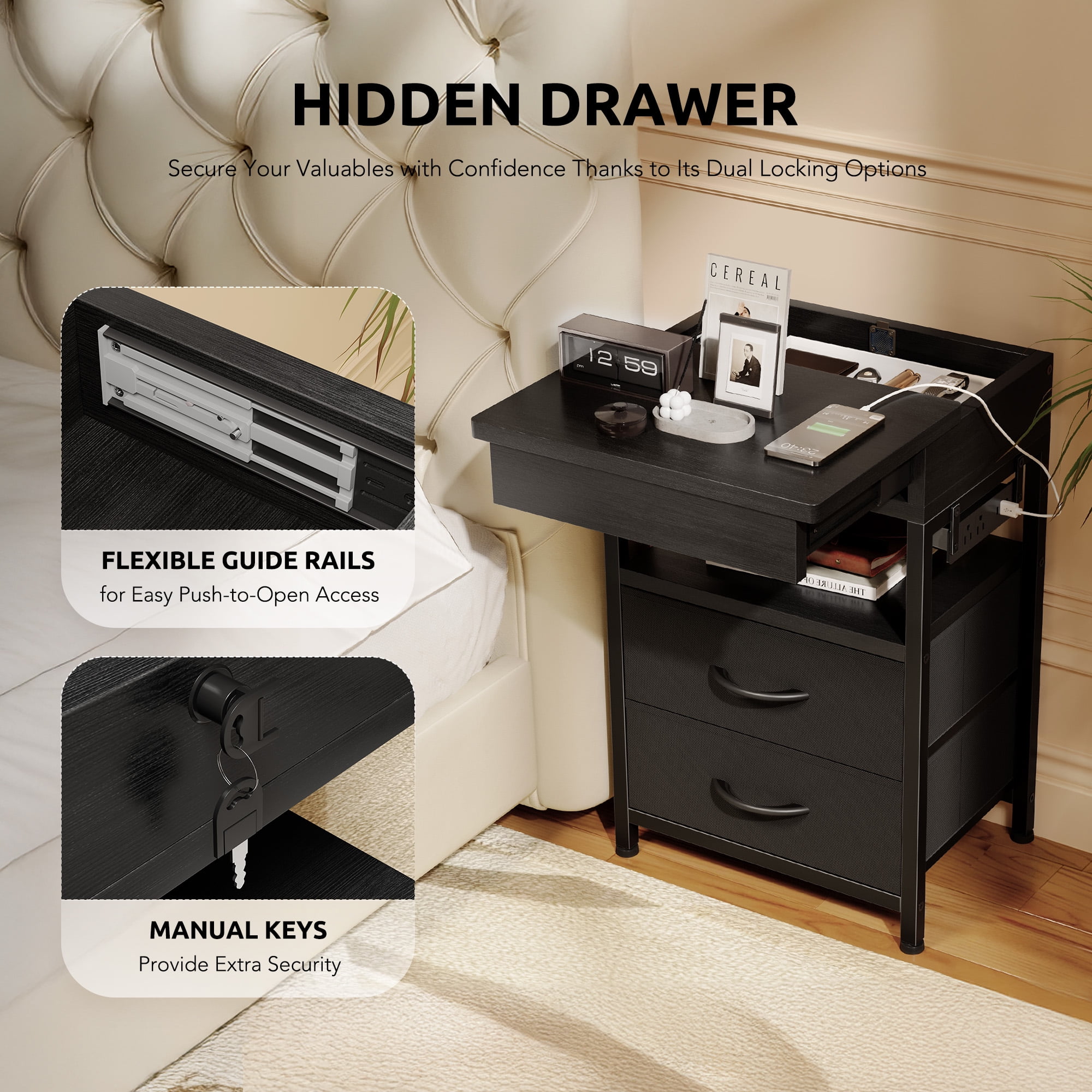 Bestco Nightstand with Sliding Top Modern End Table with Charging Station & 2 Drawers Black