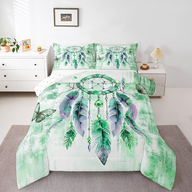 Ensemble de Literie Attrape-Rêves Hippie Format Grand Vert Ombré Ensemble de Couette Grand pour Filles, Insert de Couette Papillon Chic Ensemble de Courtepointe Dégradé Aquarelle, Style Exotique Plumes Tribales Ensembles et Couettes de Literie
