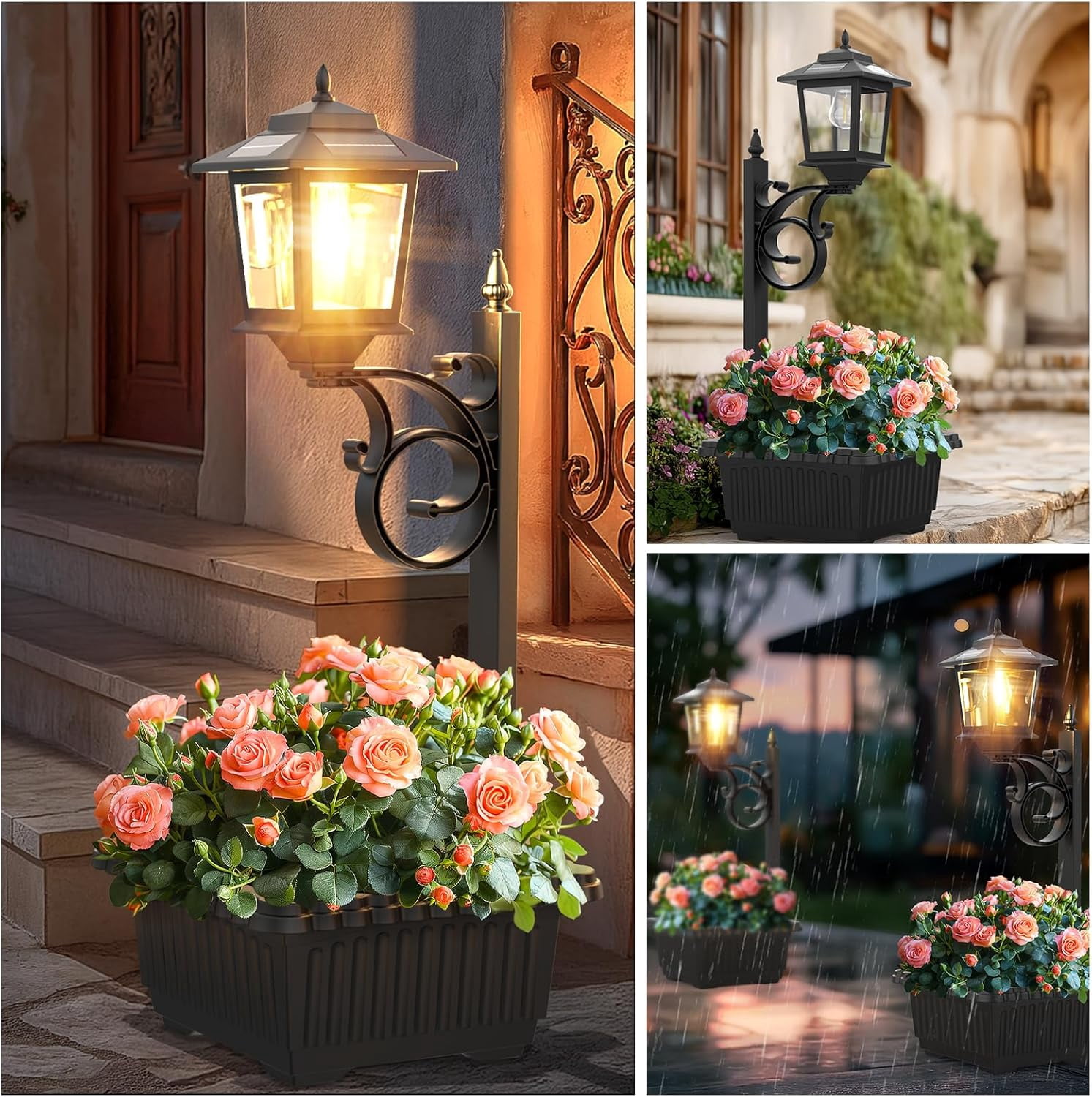 HOODINK 2 Pack Solar Lamp Post Light with Planter, 3000K Waterproof 2 in 1 Outdoor Flower Pots for Lawn