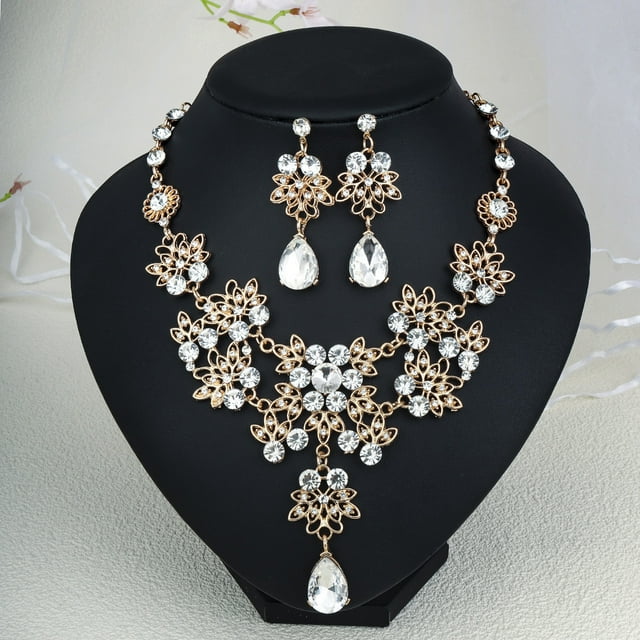Nvzi Conjunto de joyas de diamantes de imitación con forma de lágrima para novia, collar y pendientes para boda, A25