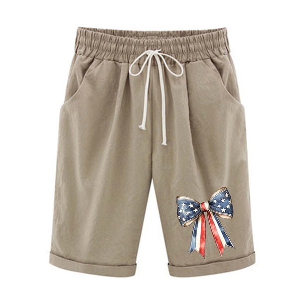 Pantalones de Cintura Elásticos para Mujeres, Día de la Independencia Impreso Casual Medio Cortos con Bolsillos para Diarios Y Al Mar