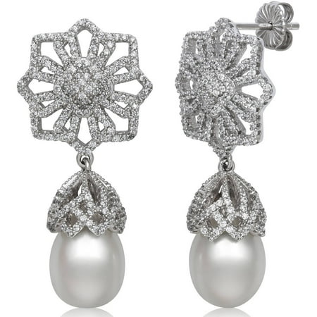 9-10mm Genuine White Cultured Freshwater Pearl and CZ-Encrusted Sterling Silver Flower Drop Earrings