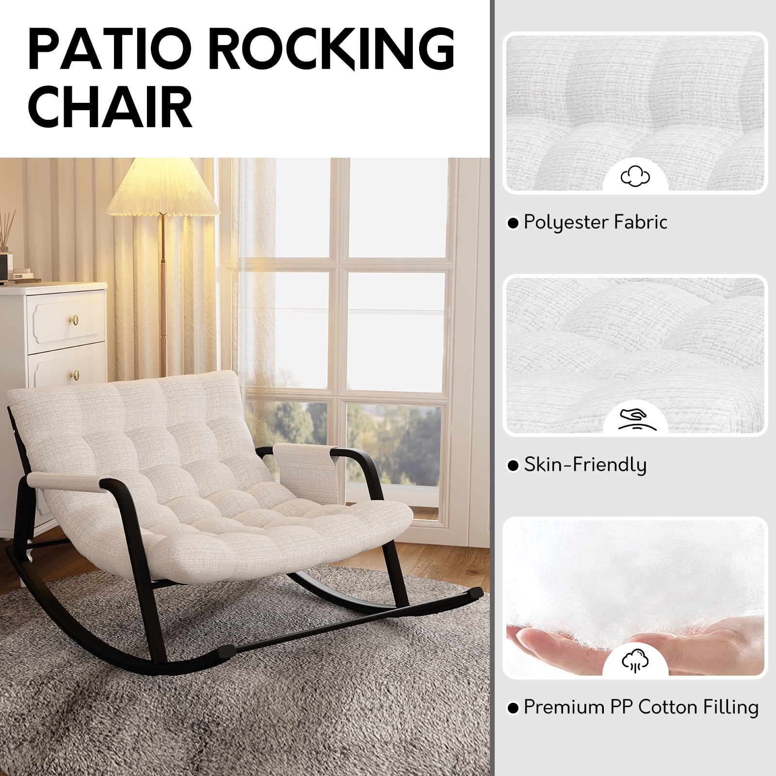 HomeZeer Indoor Rocking Chair with Cushion, Modern Grand Papasan Rocker Chairs, Oversize Papasan Recliner Chair for Living Room, Bedroom, Study Room, Beige