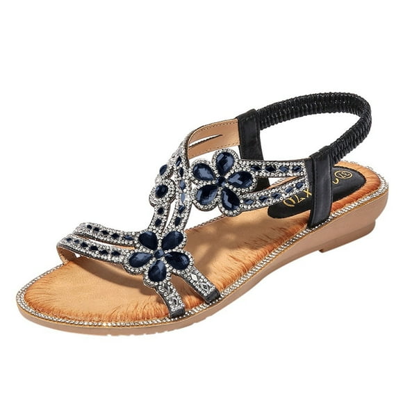 Kcodviy Bohemia Summer Women Ladies Sandal Slippers for Women Bling Flower Crystal Flat Cute Sandals for Women Sandals Beach Casual Shoes