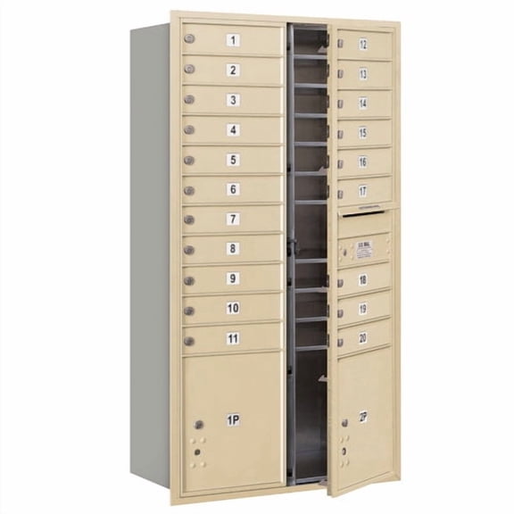 Maximum Height Recessed Mounted 4C Horizontal Mailbox with 20 Doors and 2 Parcel Lockers in Sandstone with Private Access - Front Loading