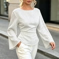 thumbnail image 7 of IUYRTFE Women's Striped Bell Sleeve Blouse Crew Neck Slim Fit Waisted Casual Fall Top, 7 of 7