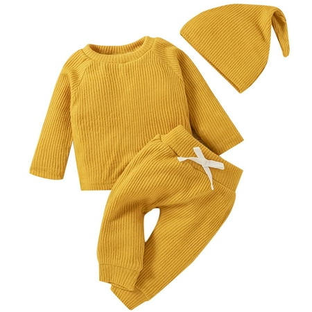 

Caqnni Toddler Baby Boy Outfit Long Sleeve Sweatshirts Sweatpants Clothes Set Boys Fall Winter 3Pcs with Hat (6-9 Months Z08-Yellow)
