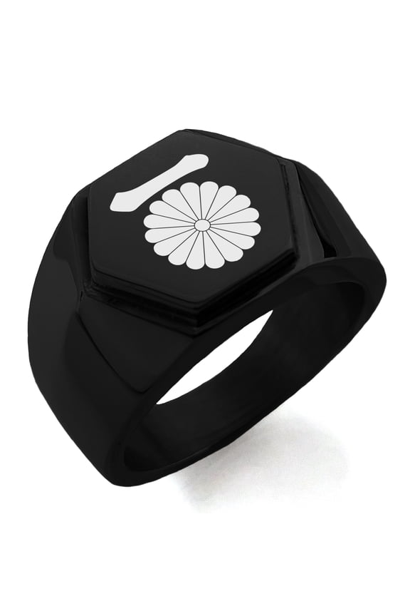 Stainless Steel Nasu Samurai Crest Engraved Hexagon Crest Flat Top Biker Style Polished Ring