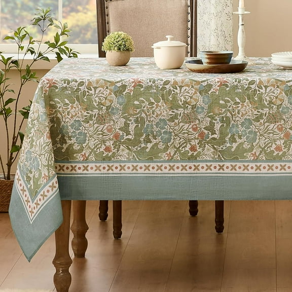 Spring Tablecloth Rectangle, Designer Pattern Vintage Linen Tablecloth with Flowers and Leaves, Floral Boho Farmhouse Table Cover Cloth Decorative for Kitchen Dining Room(60x87 Inch)