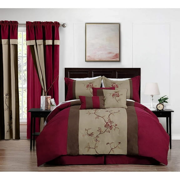 Bilot Vienna 7-Piece Embroidered Floral Comforter Set (Queen, Burgundy Taupe Brown)