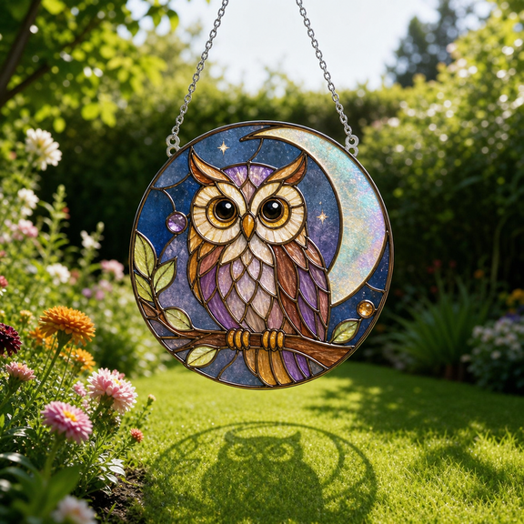 Owl Acrylic Suncatcher Window Hanging, Moon Garden Gift for Mom
