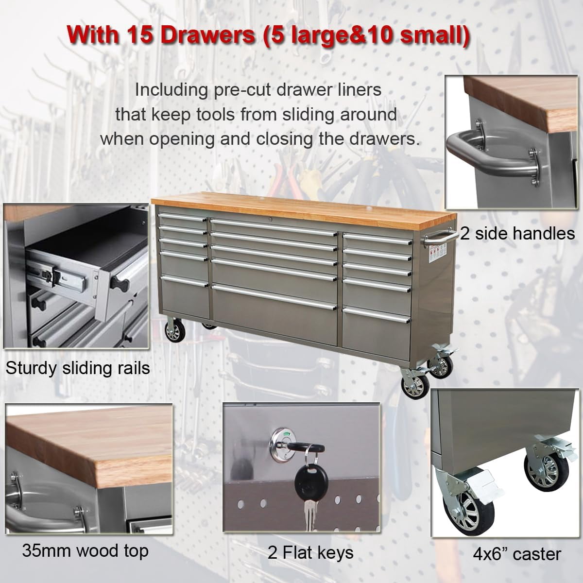 Anortrek 72 inch Rolling Tool Chest with 15 Drawers,Large Tool Box Lockable Storage Cabinet with Wheels