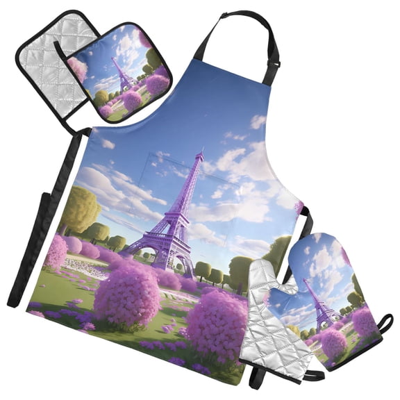 Tower in Park 5 Pcs Kitchen Set Heat Resistant Oven Mitts and Non-Slip Pot Holders with Adjustable Cooking Apron