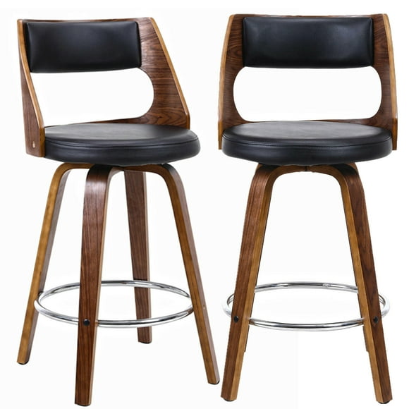 2 Pack Mid-Century Bar Stools, 26" Wood Swivel Barstools Counter Bar Chair with PU Upholstered Seat Backrest Footrest