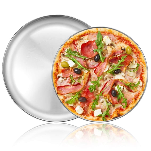 Deedro Moule à Pizza Plateau à Pizza - Plaque à Pizza Ronde en Acier Inoxydable, Moule à Pizza Robuste pour Four, Plateau de Service à Pizza Lavable au Lave-Vaisselle, 12 Pouces & 13 Pouces, Ensemble de 2 Pcs