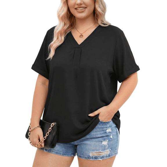 Oryer Casual Womens Plus Size Tops V-Neck Short Sleeve Shirts, Womens Summer Tops Tunic Blouse XL-5XL