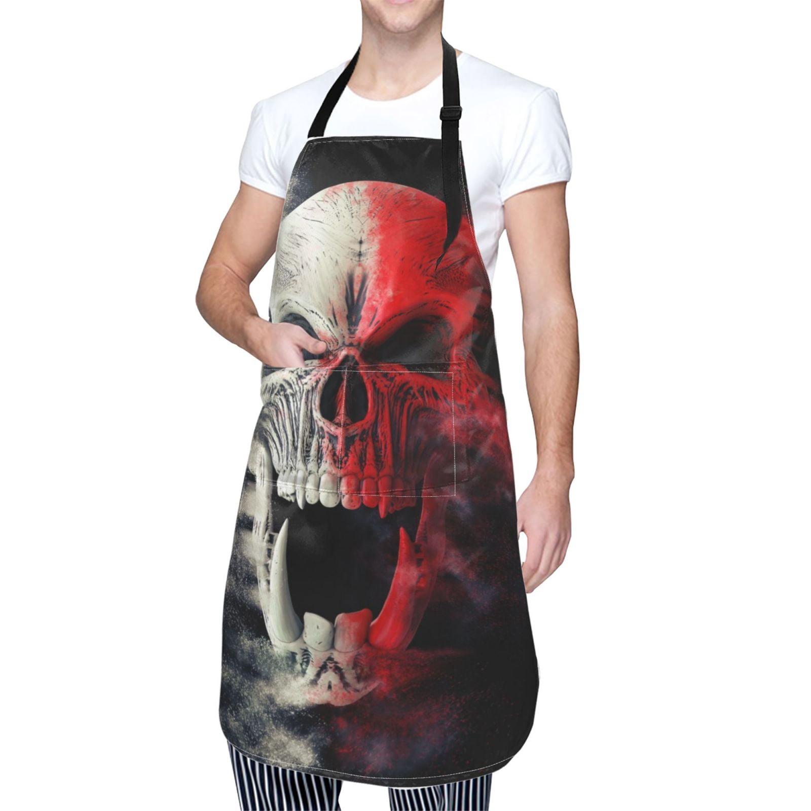 Vsdgher Red And White Screaming Demon Skull Waterproof Apron with 2 Pockets Kitchen Chef Aprons Bibs for Grooming Cooking Baking Painting Gardening