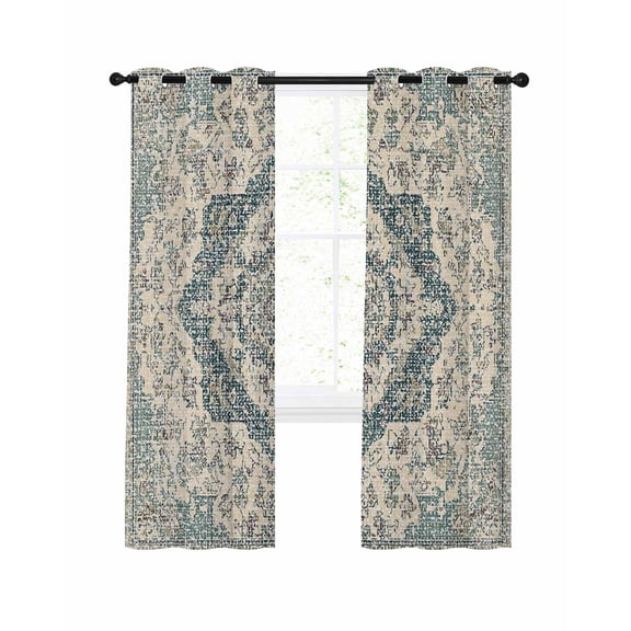 Boho Abstract Flowers Blackout Curtains for Bedroom Living Room, Green Beige Retro National Medieval Style 45 In Long Thermal Insulated Room Darkening Drapes Grommet Window Treatments, 42 x 45 In