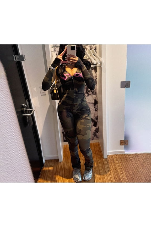 Womens Camo Hooded Two-Piece Tracksuit Set, Fashion Long-Sleeve Hoodie & Slim Fit Flared Pants, Trendy Streetwear Athleisure Outfit, Casual Workout Matching Set for Daily Wear