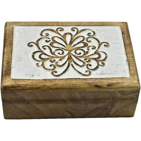 Hand Carved Wooden Decorative Box ā Brown & Whitewash Finish