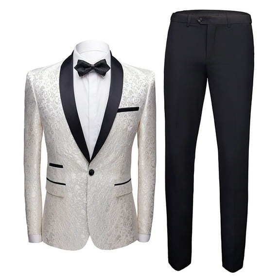 Mens 2 Piece Floral Jacquard Dress Suit Set 1 Button Print Dinner Jacket Pants-White