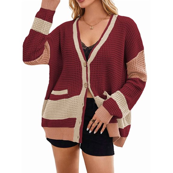 Women'S Fall Color Block Oversized Cardigan Sweater V-Neck Button Down Knit Cardigan Jacket Red L