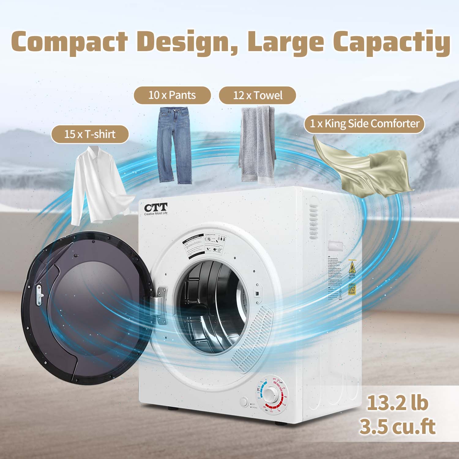 CTT 3.5 Portable Clothes Dryer, 1500W Compact Dryer with 4 Drying Mode, Laundry, Apartments, RVs, Dorms