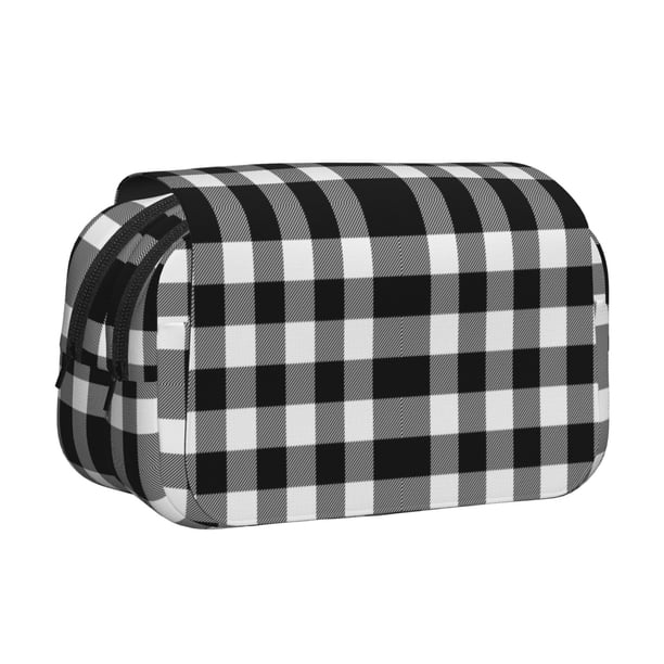 Disketp White And Black Plaid Estuche de Lápices de Doble Capa con Tapa Abatible y Cremallera, Organizador Escolar para Adolescentes y Adultos