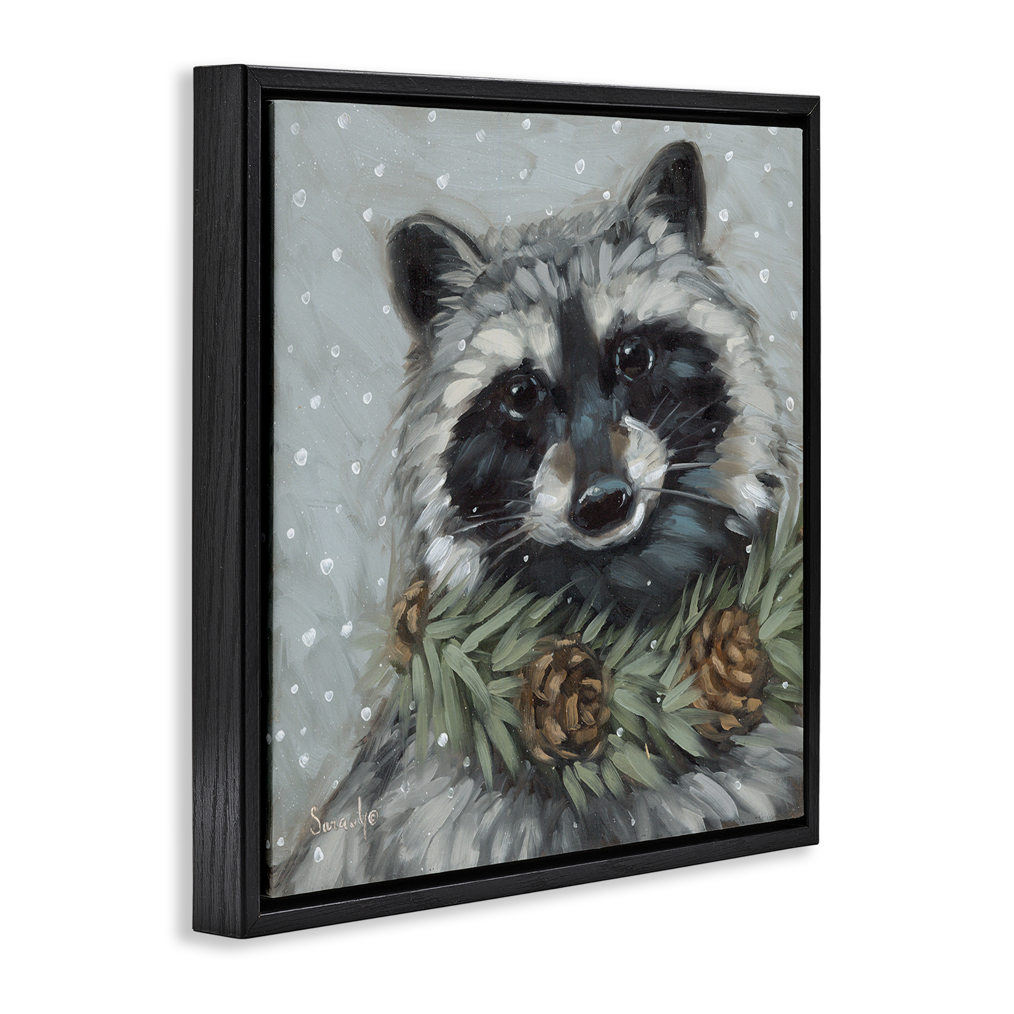 Stupell Industries Raccoon with Pinecones Holiday Painting Black Floater Framed Canvas Art Prints Wall Art, 25 x 25